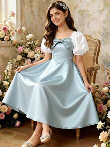 Đầm ngắn dự tiệc thời trang cho thiếu nữ, cổ hình trái tim, tay phồng, thắt nơ ở eo. - Màu xanh lam - Xem 3