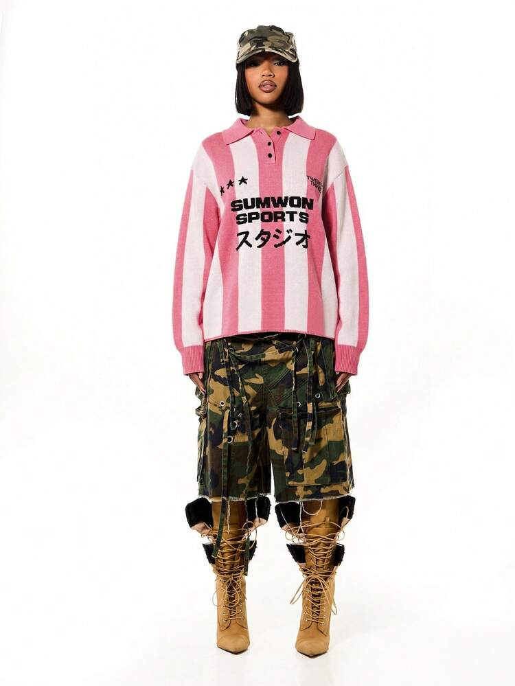SUMWON WOMEN Oversized Tonal Stripe Knitted Polo With Japanese Graphics And Dropped Shoulder Design For Casual Streetwear Style