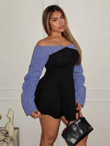 Maria Perezxox Đầm mini ôm sát lưng cao hở vai gợi cảm phong cách đại học cho nữ, thiết kế màu tương phản, thu đông - Nhiều màu - Xem 5
