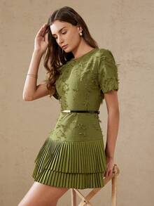 BELROSIE Vestido elegante y versátil para mujer con cuello redondo, manga corta, cintura ceñida, volantes en el bajo y textura con flecos en color verde oliva - Verde - Ver 6
