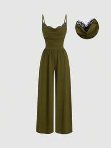 Sweetra Y2K Sexy Lace Patchwork Wide Leg Jumpsuit - Army Green - View 1