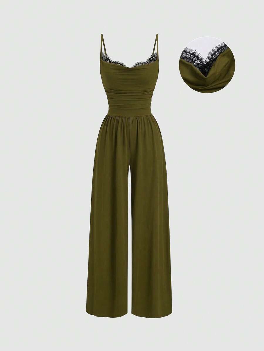 Sweetra Y2K Sexy Lace Patchwork Wide Leg Jumpsuit - Army Green - View 1