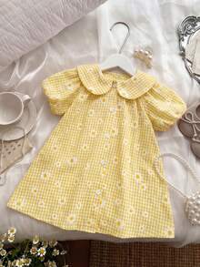 女婴可爱黄色彼得潘领蝴蝶结短袖连衣裙，夏季 - 黃色 - 查看 3