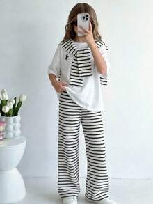 SHEIN Tween Girls Summer Horse Graphic Loose T-Shirt And Striped Pants Set - Black and White - View 3