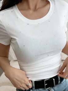 DAZY Women's Round Neck Rhinestone Pleated Fitted Casual Daily Short Sleeve T-Shirt Summer - White - View 3