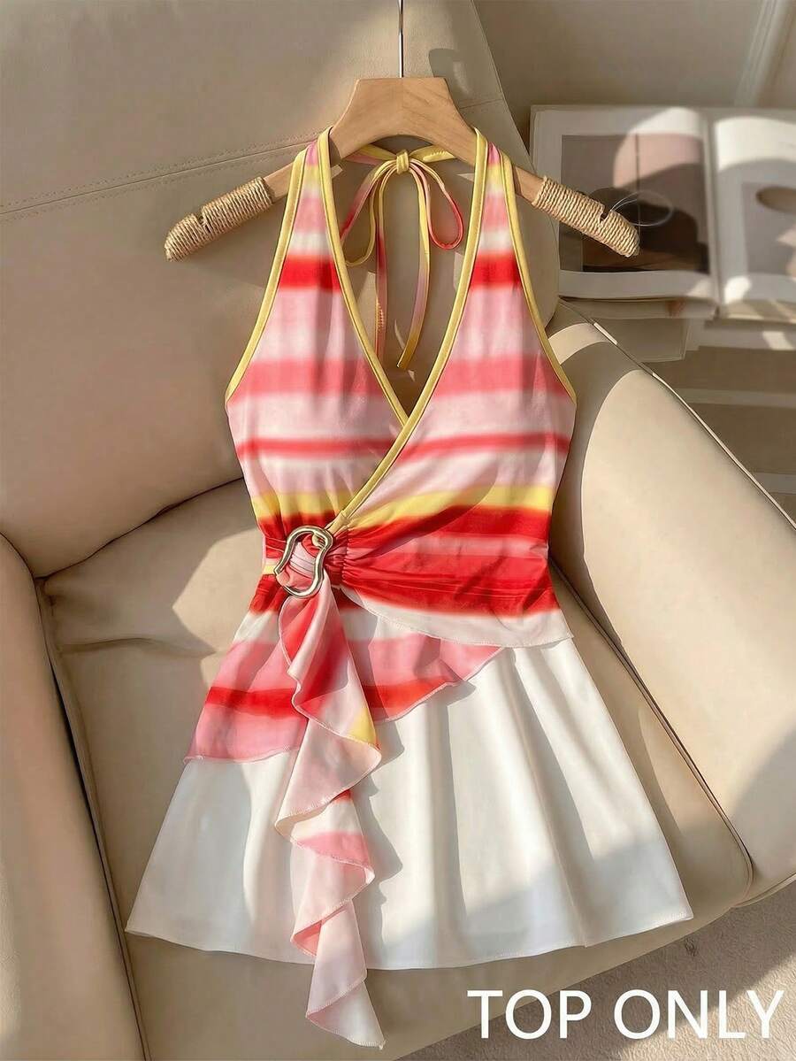 SHEIN LUNE Women Striped Tie Dye Halter Top, Boho Summer Vacation Beach, Metal Buckle Asymmetric Hem Top - Multicolor - View 1