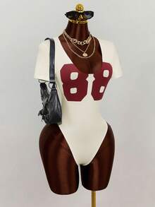 Mistrie Body de cuello redondo con estampado numérico, de manga corta y estilo de moda - Multicolor - Ver 4