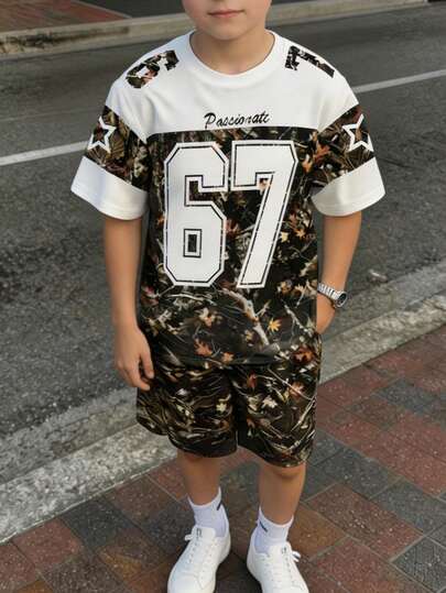 Older Boys' Outdoor Camouflage 67 Print Sports Basketball Street Casual Short Sleeve Round Neck T-Shirt With Pocket And Shorts Set, Spring/Summer