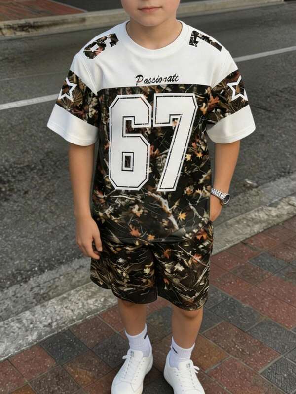 大童户外迷彩67印花运动篮球街头休闲短袖圆领T恤带口袋短裤套装，春夏款