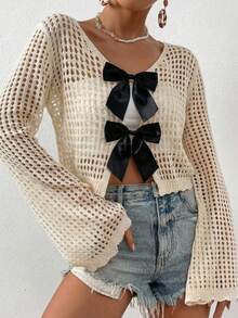 SHEIN EZwear 女士蝴蝶结系带镂空针织短款开衫 - 杏色 - 查看 6