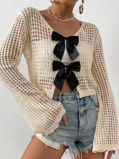 SHEIN EZwear Cárdigan corto de punto calado con tirantes de lazo para mujer