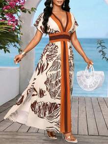 SHEIN Lady White Animal Print Boho Summer Holiday Dresses For Women,Elegant Floral V Neck Vacation Casual Long Dress,Beach Sundresses,Cruise Beachwear Outfits - Multicolor - View 3