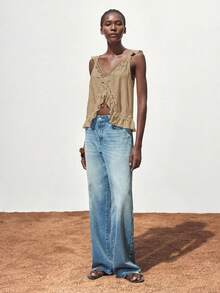 SHEIN Maija Áo tank top nữ dáng rộng, màu trơn, phối ren xếp nếp. - Màu Khaki - Xem 2