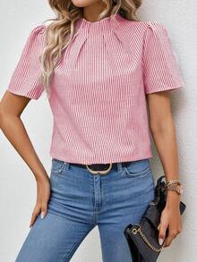 SHEIN 女士条纹立领短花瓣袖休闲衬衫 - 紅白色 - 查看 4