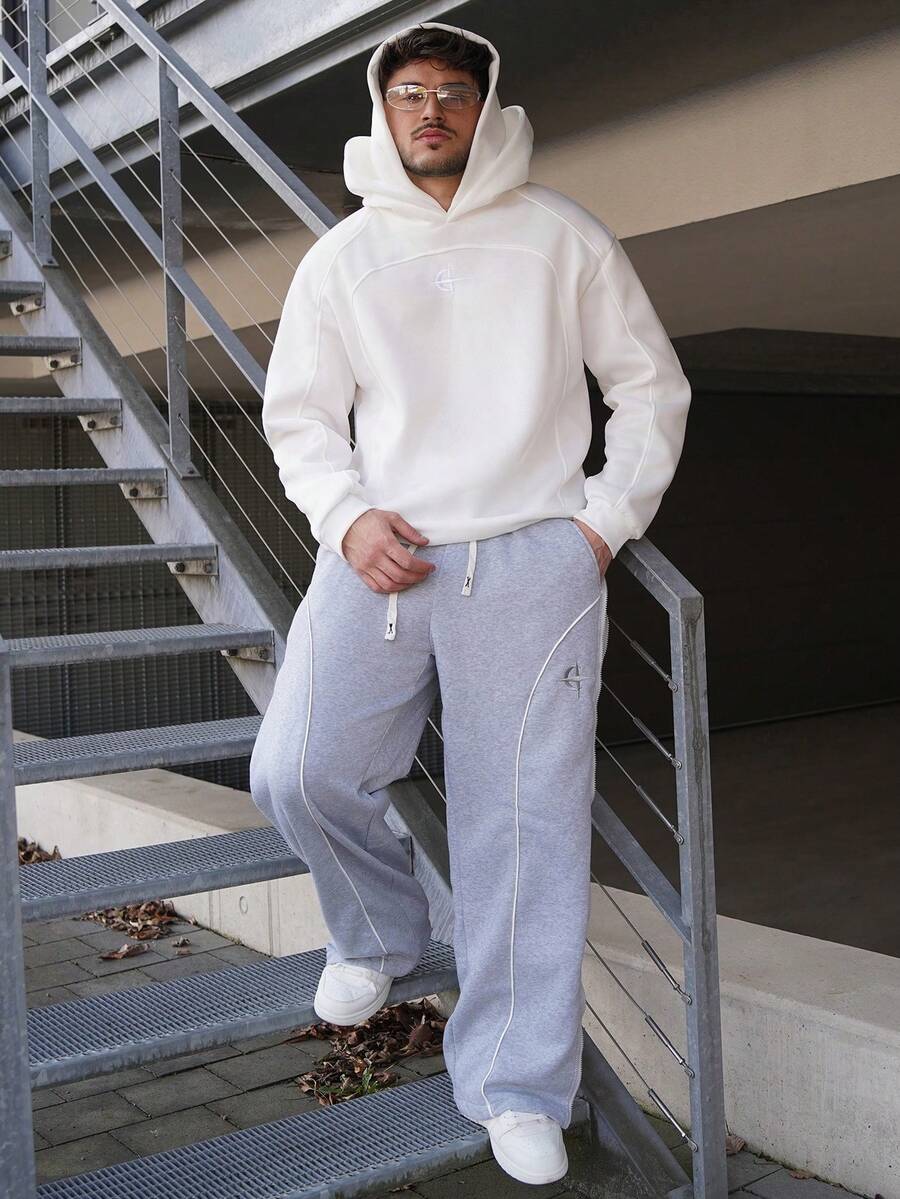 LEOGASHI LEOGASHI Men's Casual Double-Hooded Patchwork Hoodie,Streetwear,Baggy,Graphic,Matching,Friends,I Love My Boyfriend,Street Style,Couples,Structural Design, Embroidered Pattern,Double Hat - White - View 1