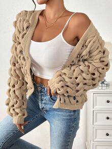 Chiquease 时尚休闲小众3D立体纹理秋冬粗针织镂空开衫毛衣（女款） - 卡其色 - 查看 6