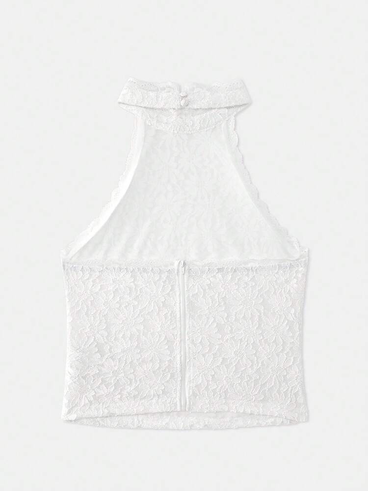 Top sin mangas de cuello alto de encaje en crema y azul, elegante y romántico, para primavera y verano