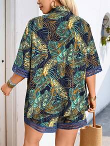 Breezaya Women's Plus Size Hot Pink Tropical Blouse And Shorts Co Ords Set Casual Short Sleeve Drop Shoulder Beach Vacation Outfit - Hot Pink - View 2