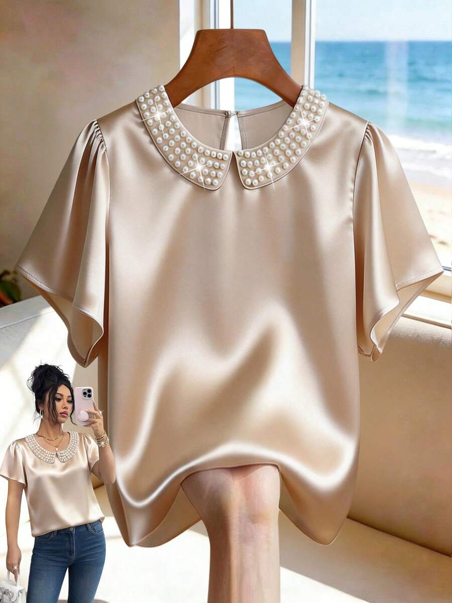 Franclia Women's Round-Neck Pearl-Encrusted Short-Sleeved Shirt,Glossy Satin Woven Fabric,Elegant,Tea Party,Holiday,Summer,White Gold,Fashionable Business Top