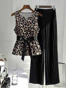 GlowEve CURVE Plus Size Women's Fashion Leopard Print Sleeveless Blouse And Solid Color Pleated Straight Leg Pants 2 Piece Set, Suitable For Commuting, Work, Daily Wear, All Seasons - Multicolor - View 6