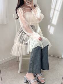 FRIFUL Women's Solid Color Sheer Ruffle Hem Dress Sun Dresses For Women - Beige - View 4