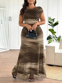 Lounesse Plus Size Elegant Tie Dye Print Maxi Fishtail Dress,Formal Dresses For Women - Chocolate Brown - View 6
