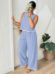 Lounesse 大码休闲无袖上衣和裤子两件套 - 淺藍色 - 查看 5