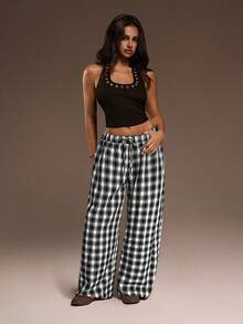 SHEIN ICON Women's Brown Baggy Plaid Minimalist Casual Pants - Black and White - View 5