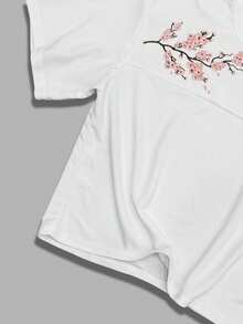 ROMWE MEN Casual Men's Floral Embroidery Round Neck Short Sleeve T-Shirt - White - View 3