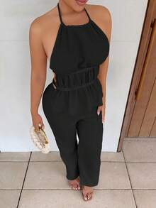 Maria Perezxox French Style Loose Solid Color Waist Tie Halter Relaxed Fit Wide Leg Casual Two Pieces Set For Women - Black - View 3