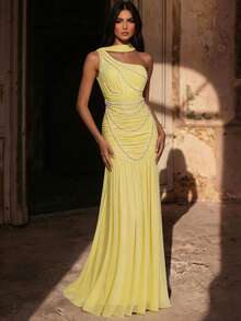 Glamrae Đầm dạ hội sang trọng, thanh lịch với chi tiết chuỗi ngọc trai, chất liệu lưới co giãn, xếp ly, lệch vai, kiểu đuôi cá, tay bồng, thích hợp cho đám cưới, tiệc tùng, kỳ nghỉ, dạ hội. - Màu vàng - Xem 5