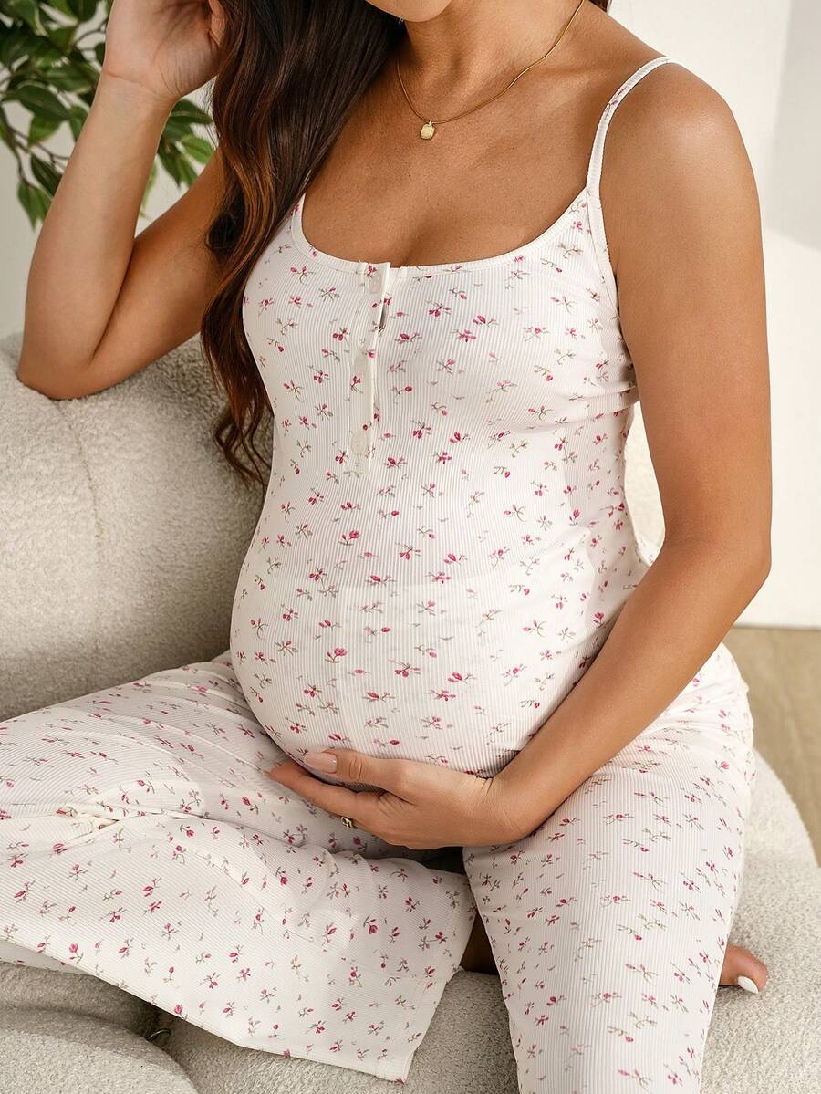 SHEIN 2pcs Casual Ribbed Knit Camisole And Pants Set, Nursing Outfit - Multicolor - View 1