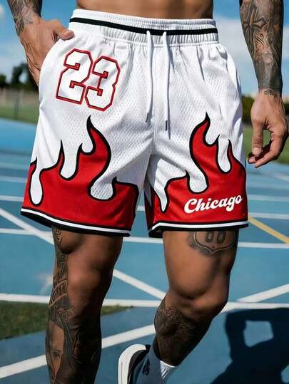 Aesthetic Post Pantalones cortos de verano casuales y transpirables para hombres con estampado de llamas y cordón en la cintura