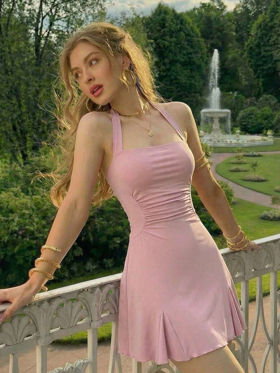 SHEIN MOD Women's Summer Elegant Dusty Mauve Solid Ruched Tie-Waist Halter Mini Dress,Cottagecore French Style Milkmaid One Piece For Dates,Party,Vacation Wear - Pink - View 1