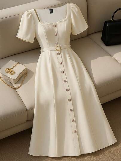 Franclia Solid Color Sweetheart Neck Button Front Belted Waist Elegant Short Sleeve Dress