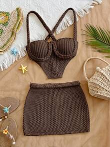 Soleia Women's Solid Color Minimalist Knitted 2 Pieces Set, Everyday Wear - Coffee Brown - View 5