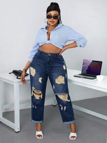 SHEIN SXY Plus Size Casual Washed Distressed Denim Jeans - Navy Blue - View 4