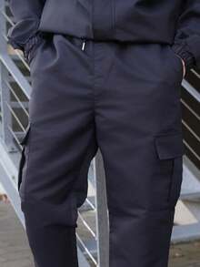 LEOGASHI LEOGASHI 1 件男士多口袋纯色修身工装裤，适合春夏海滩、度假、日常通勤、运动、户外、休闲、健身、跑步、直筒裤，百搭时尚，秋季 - 黑色 - 查看 3