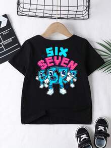 SHEIN Young Boys' Casual Minimalist Round Neck T-Shirt Suitable For Summer, Classic Cool Text, Street Slang "6", "7", "Six", "Seven" Text Graphic Print, Back Print - Black - View 2
