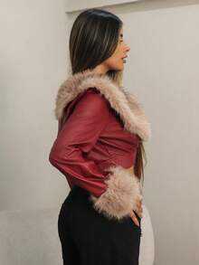Rayane Ketlyn Women's Colorblock Burgundy PU Crop Jacket With Fuzzy Detail, V Neck, And Regular Long Sleeves Crop Top Jacket Leather Crop Top Red Leather Jacket Fur Top - Burgundy - View 6