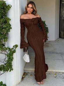 Maria Perezxox Ținută pentru pauza de ceai, rochie maxi dulce și elegantă, rochie cu mânecă lungă, fără umeri, ținută de întâlnire, rochie florală 3D - cafea maro - Vizualizare 5