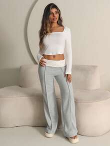 Rayane Ketlyn Women's Winter Streetwear Going Out Casual Back To School Vintage Daily Wear Y2K Rib Knit White Turn-Down Trousers French Grey Flare Pants - Grey - View 1