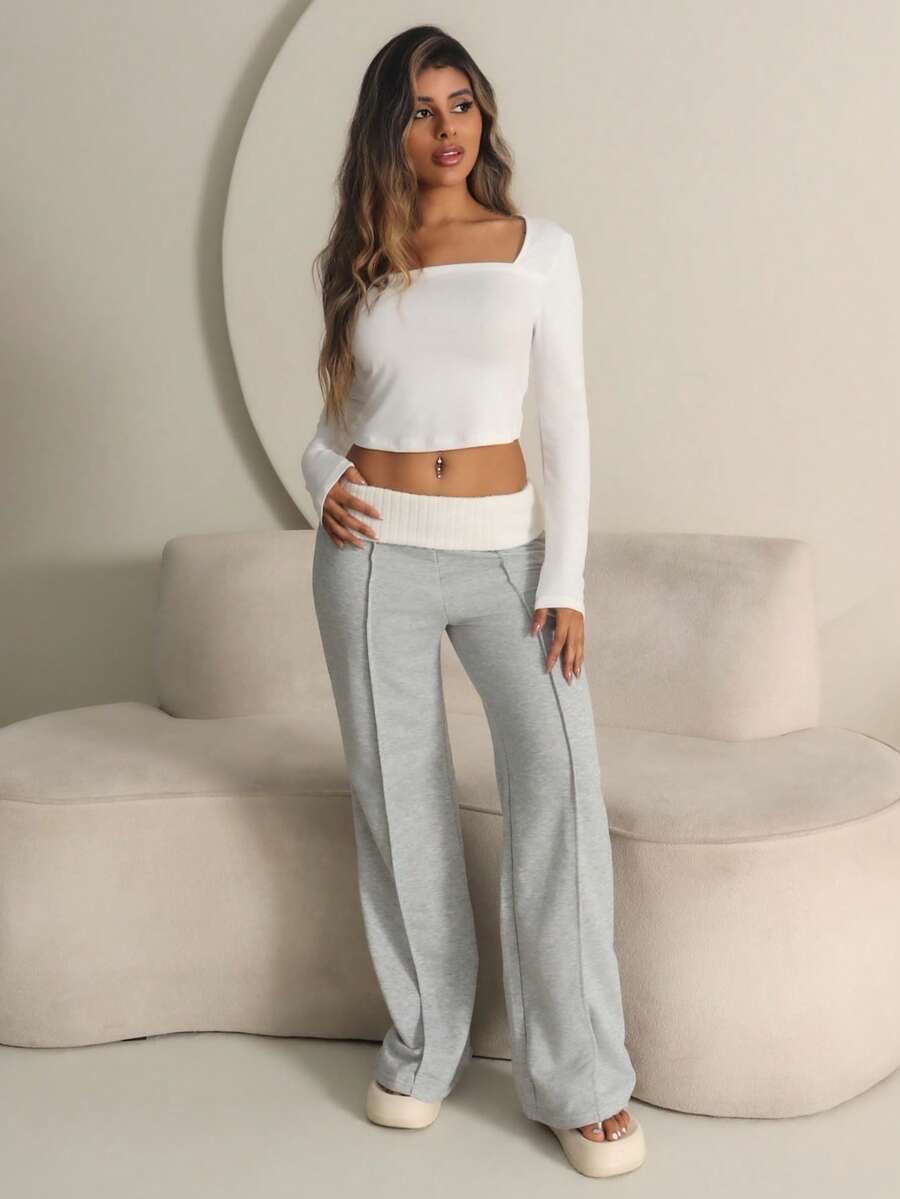 Rayane Ketlyn Women's Winter Streetwear Going Out Casual Back To School Vintage Daily Wear Y2K Rib Knit White Turn-Down Trousers French Grey Flare Pants - Grey - View 1