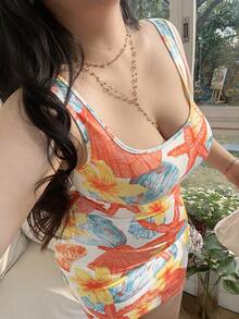 SHEIN EZwear 大码海星印花修身紧身休闲度假吊带裙女士夏季连衣裙修身连衣裙连体连衣裙夏季油画连衣裙贝壳印花连衣裙女士夏季连衣裙 - 彩色 - 查看 4