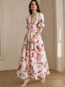 Anewsta Elegant Fitted Beach Style Random Floral Print Dress, Suitable From Spring To Summer, Valentine's Day Outfits For Women, Dresses Pink - Multicolor - View 5