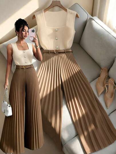 Elenzga 女士方领无袖上衣和褶裥阔腿裤两件套，撞色设计