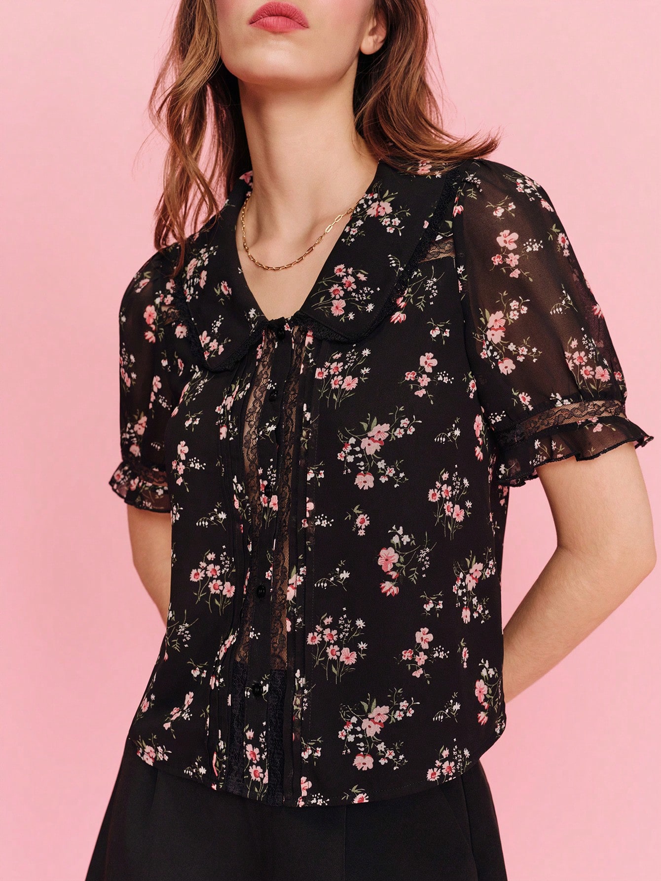 Black Floral Blouse With Short Sleeves, A Plunging Neckline And Lace Details Cute Chic Top Spring Summer Vacation Top Holdiay Top Going Out French Style Parisian Style
