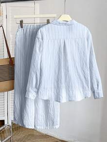 SHEIN 少女休闲通勤条纹衬衫和裙子套装 - 藍色 - 查看 2