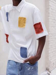 BelSigned BelSigned Men's Fashion Casual Color Clash Applique Embroidered Button Up White Boxy Shirt, For Summer - White - View 3