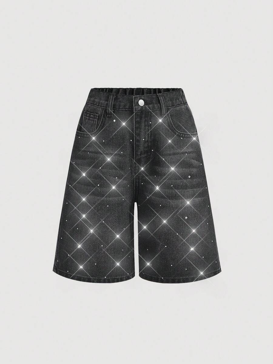 SHEIN 少女时尚休闲 Y2K 复古酷炫街头风菱形拼接设计 Y2K 2000 年代复古水洗休闲宽松牛仔阔腿及膝短裤，秋季返校街头风新款 SS26 时尚 - 黑色 - 查看 1